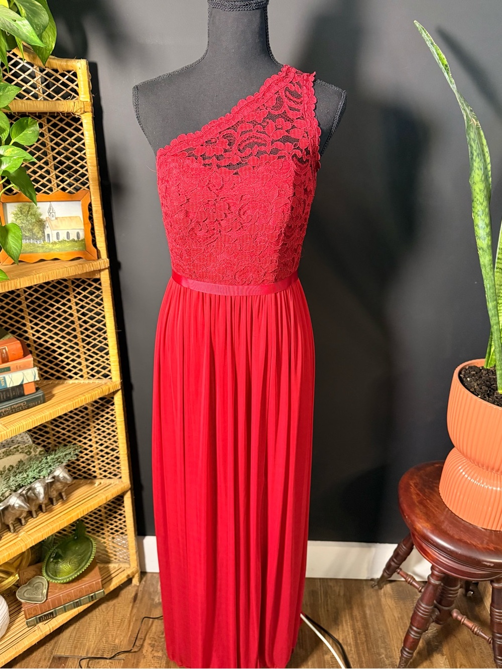 David's Bridal Red One-Shoulder Lace Bodice Maxi Gown